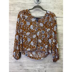 Gap Womens Floral V-Neck Blouse Brown Blue XS Long Sleeve Balloon Top 429468-00